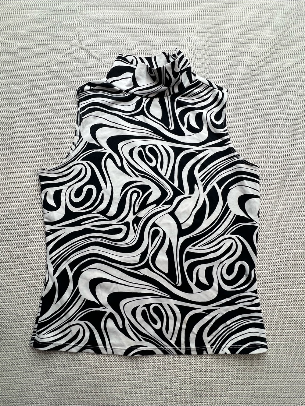 Vintage Spiegel M Black White Abstract Swirl Mock Neck Sleeveless Top Y2K